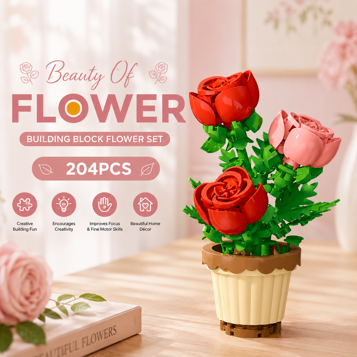 Jookids Classic Rose Building Blocks Flower Pot – 204 Pieces | DIY Decorative Brick Plant | Mini Display Set | Ages 6+
