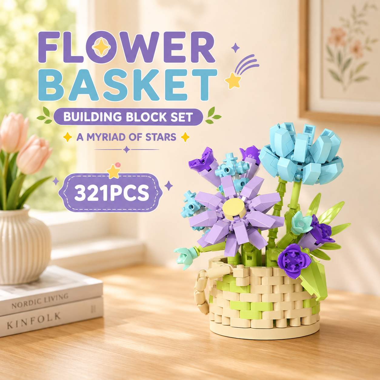 Jookids Myriad of Stars Flower Basket Building Blocks – 321 Pieces | DIY Decorative Brick Flower Basket | Mini Display Set | Ages 6+