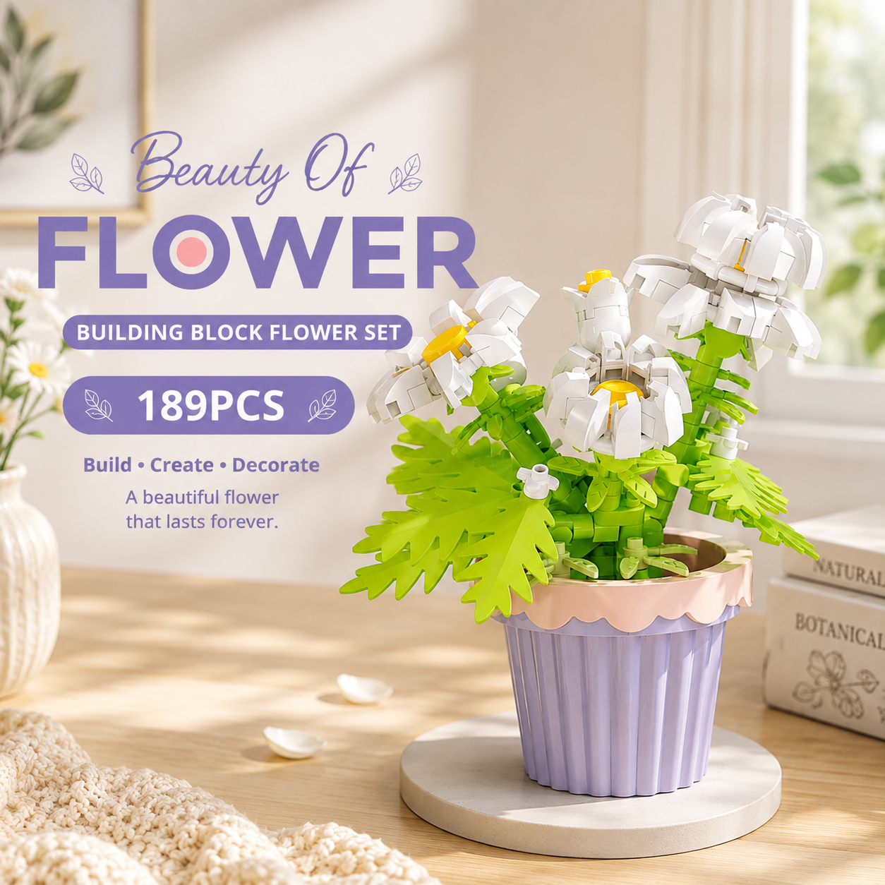 Jookids White Daisy Building Blocks Flower Pot – 189 Pieces | DIY Decorative Brick Plant | Mini Display Set | Ages 6+