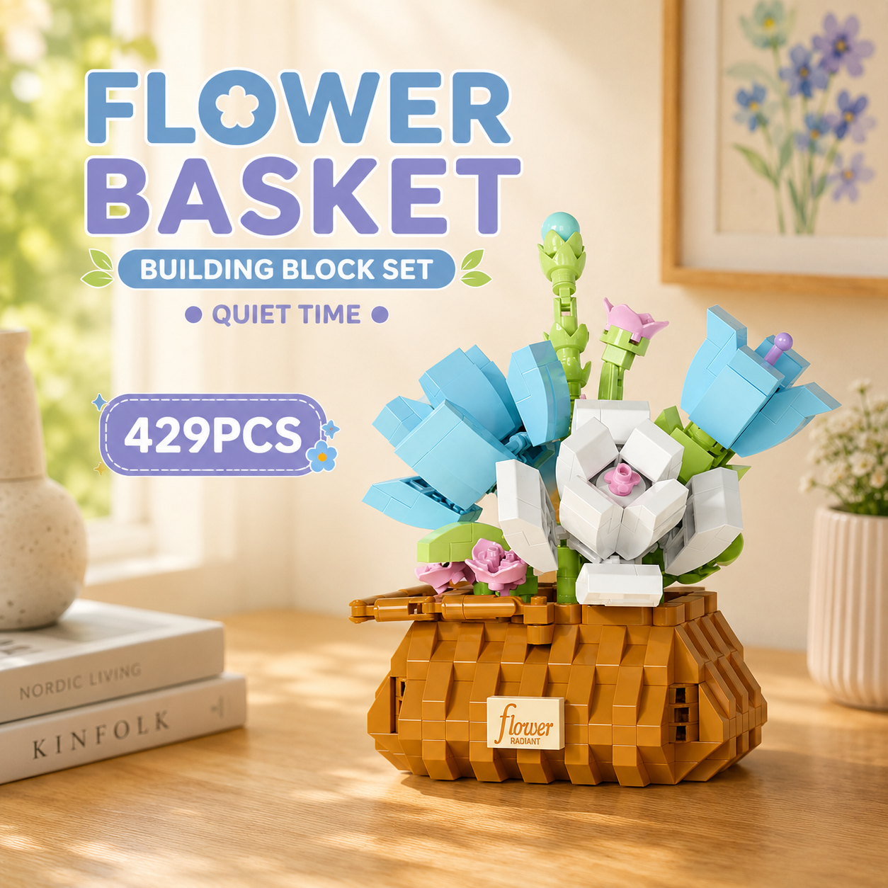 Jookids Quiet Time Flower Basket Building Blocks – 429 Pieces | DIY Decorative Brick Flower Basket | Mini Display Set | Ages 6+