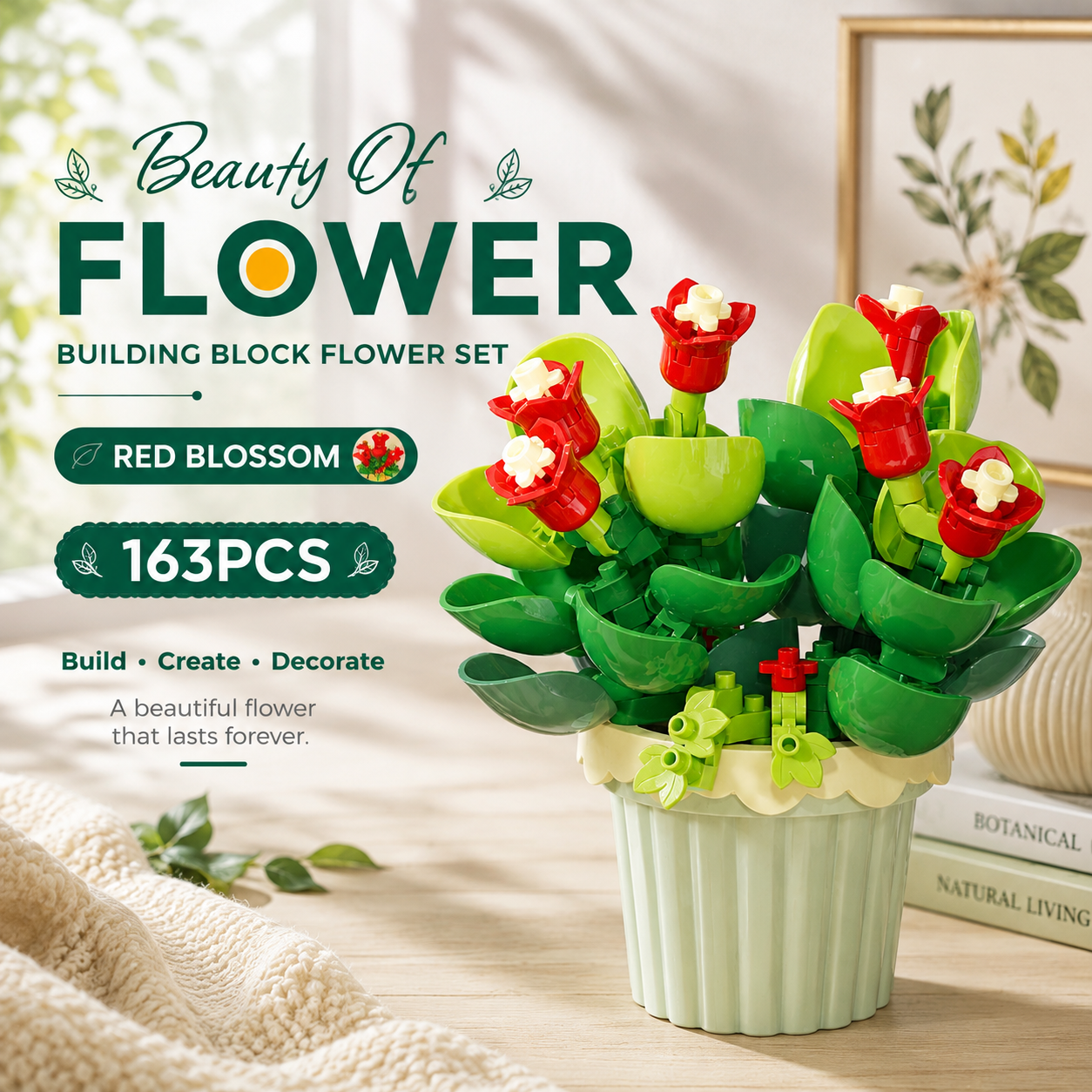 Jookids Red Blossom Building Blocks Flower Pot – 163 Pieces | DIY Decorative Brick Plant | Mini Display Set | Ages 6+