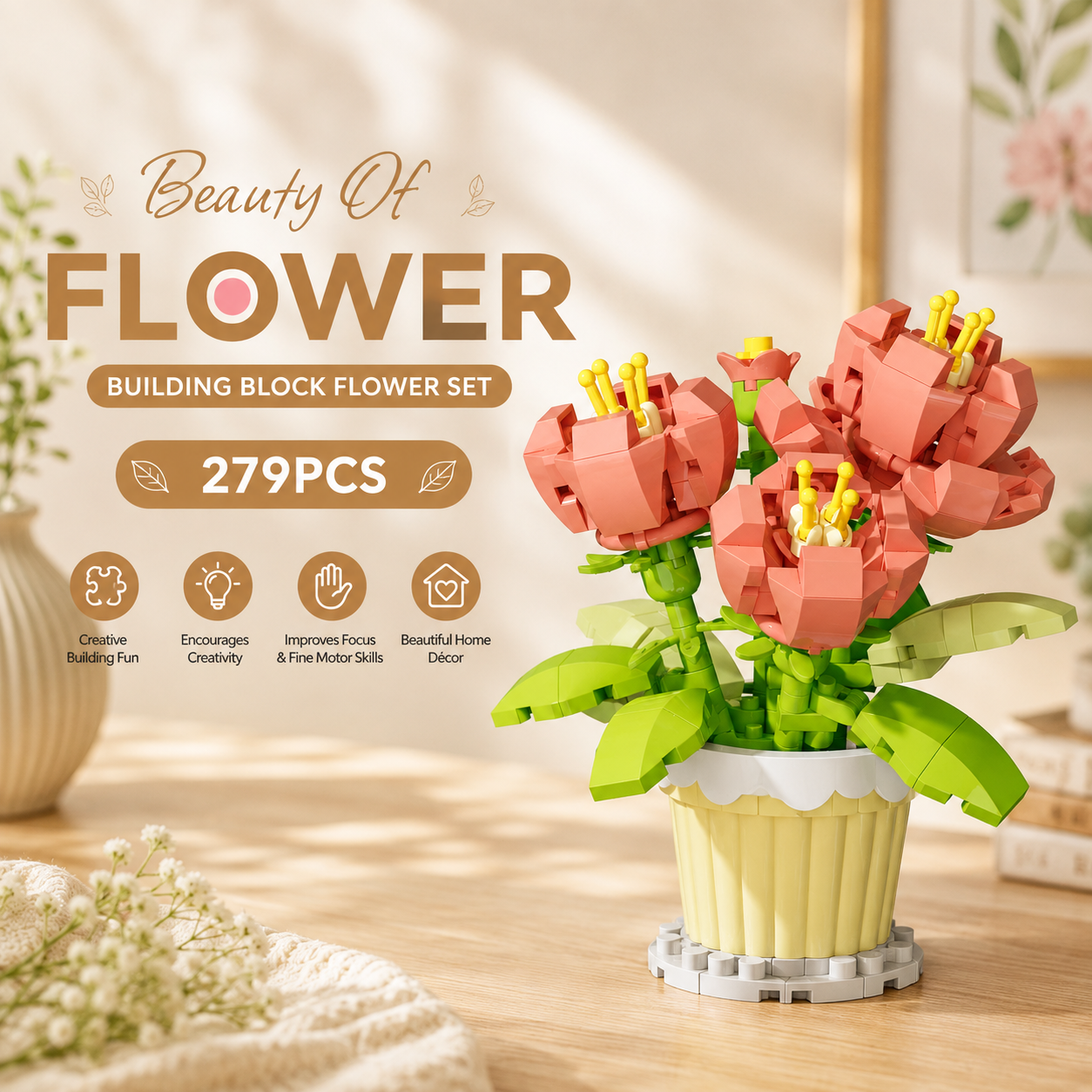 Jookids Peony Building Blocks Flower Pot – 279 Pieces | DIY Decorative Brick Plant | Mini Display Set | Ages 6+