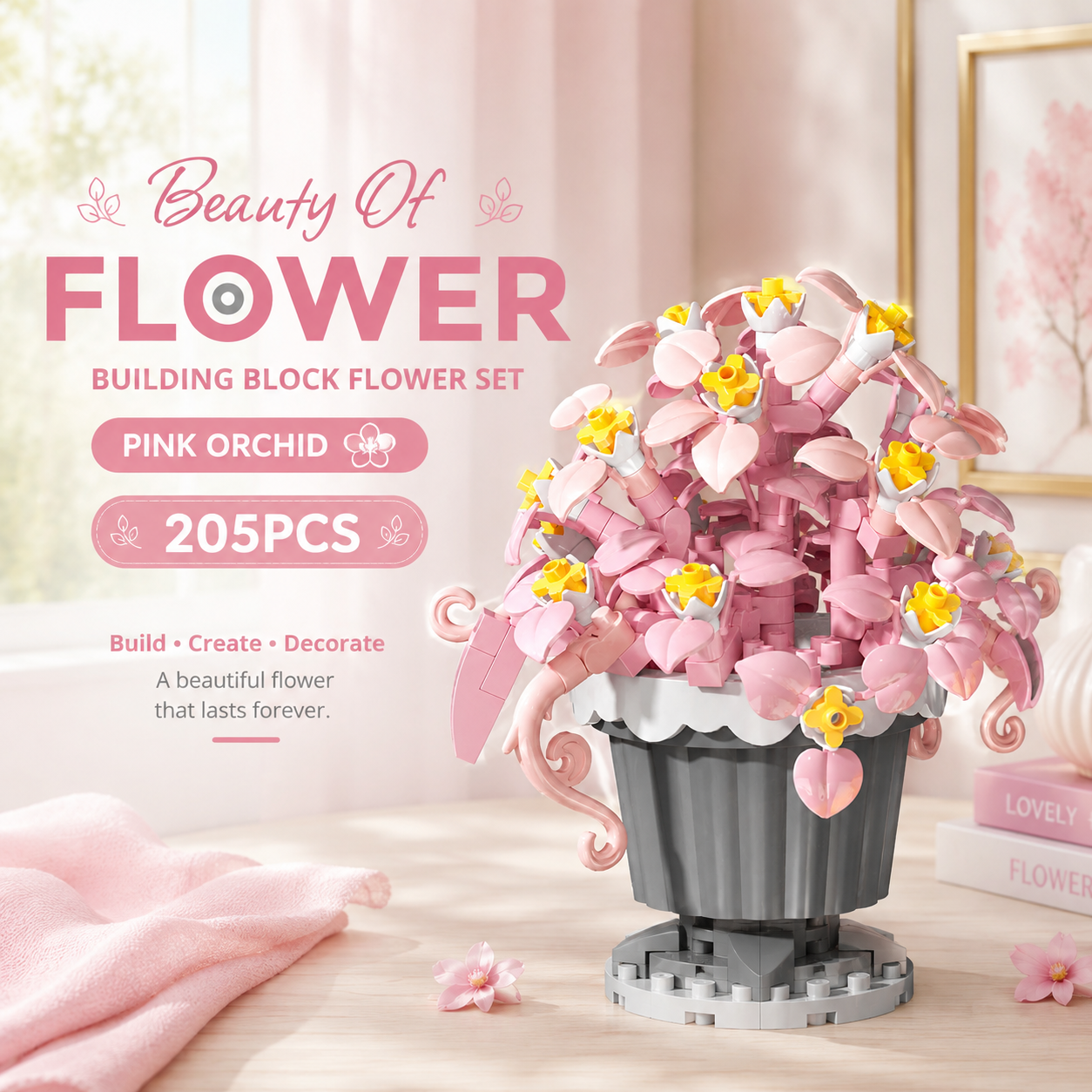 Jookids Pink Orchid Building Blocks Flower Pot – 205 Pieces | DIY Decorative Brick Plant | Mini Display Set | Ages 6+