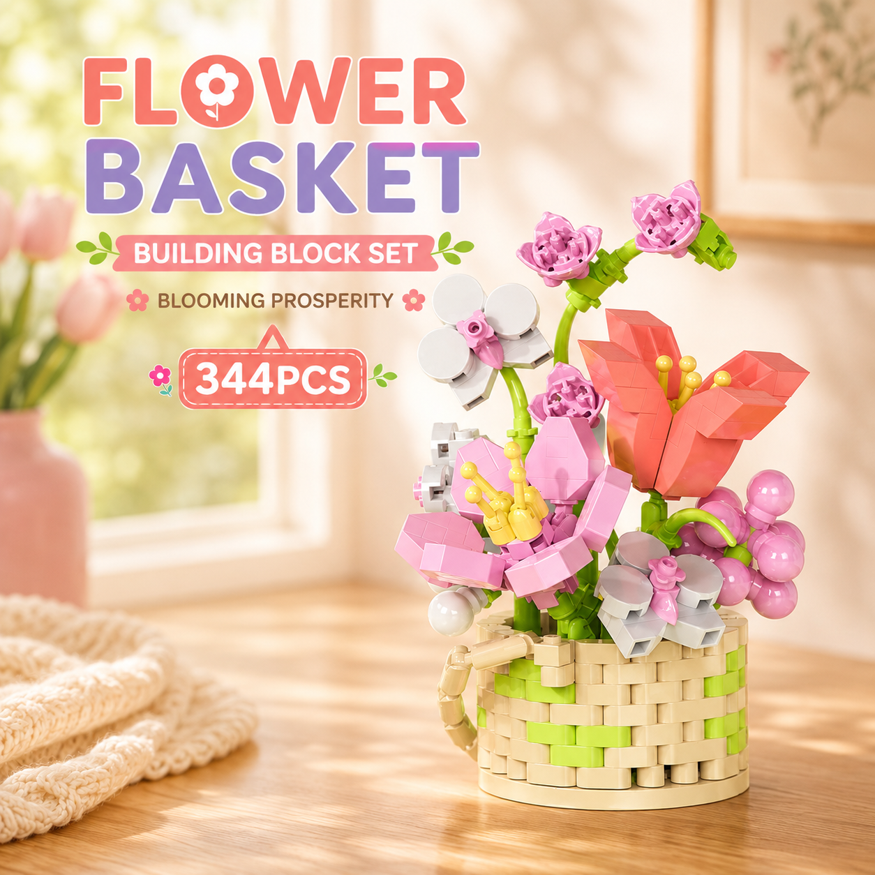 Jookids Blooming Prosperity Flower Basket Building Blocks – 344 Pieces | DIY Decorative Brick Flower Basket | Mini Display Set | Ages