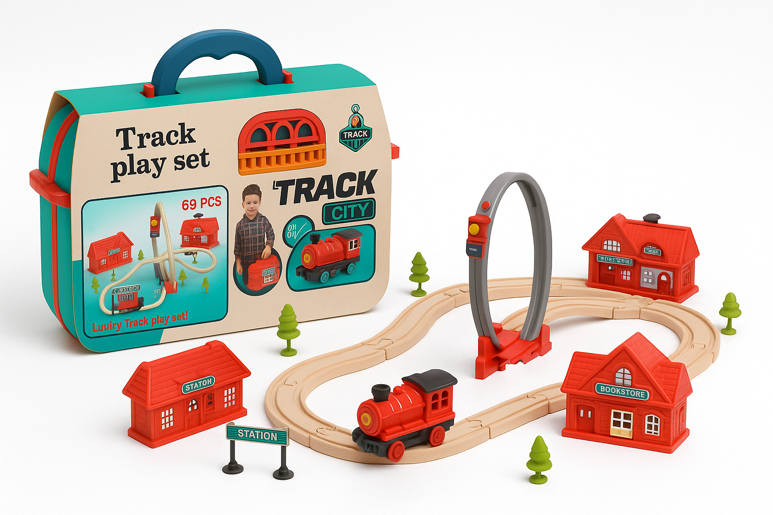 Toy train set with track, houses, and a suitcase packaging labeled 'Track City'.