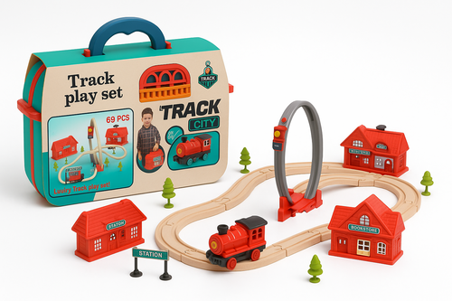 Toy train set with track, houses, and a suitcase packaging labeled 'Track City'.